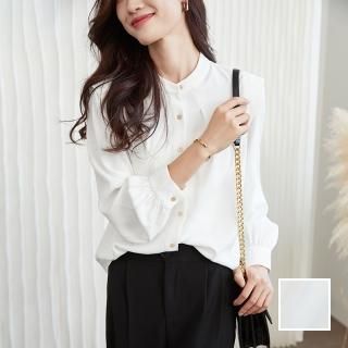 韓国 ファッション トップス ブラウス シャツ 春 夏 秋 カジュアル PTXM974  バンドカラー タック ドレープ プレーン オルチャン シンプル 定番 セレカジ