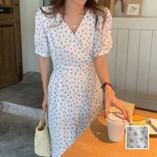 韓国 ファッション ワンピース 春 夏 カジュアル PTXN324  カシュクール風 パフスリーブ Aライン フレア オルチャン シンプル 定番 セレカジ