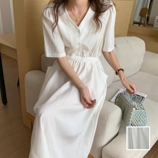 韓国 ファッション ワンピース 春 夏 カジュアル PTXN325  Vネック ウエストマーク シャツワンピ ノーブル オルチャン シンプル 定番 セレカジ