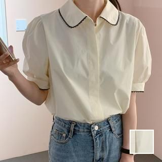 韓国 ファッション トップス ブラウス シャツ 春 夏 カジュアル PTXN326  淡色 パフスリーブ ラウンドカラー キュート オルチャン シンプル 定番 セレカジ