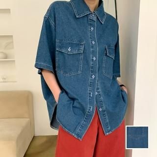 韓国 ファッション トップス ブラウス シャツ 春 夏 カジュアル PTXN334  デニム オーバーサイズ 五分袖 ステッチ ラフ オルチャン シンプル 定番 セレカジ