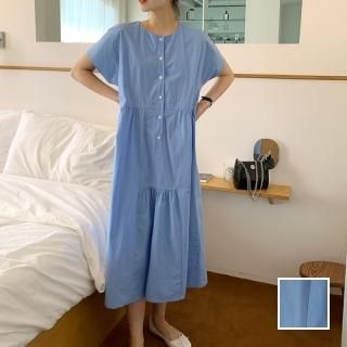 韓国 ファッション ワンピース 春 夏 カジュアル PTXN335  ギャザー Aライン ローウエスト 切替 ミモレ オルチャン シンプル 定番 セレカジ