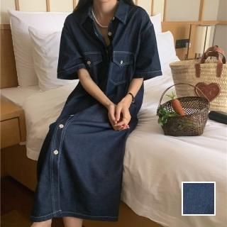韓国 ファッション ワンピース 春 夏 カジュアル PTXN337  シャツワンピ オーバーサイズ ステッチ マキシ オルチャン シンプル 定番 セレカジ