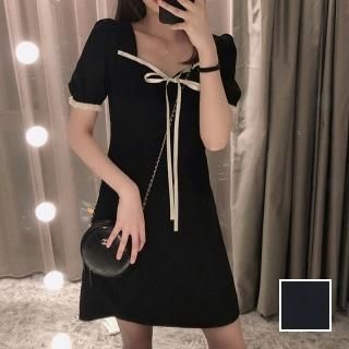韓国 ファッション ワンピース 春 夏 カジュアル PTXN375  リボン パフスリーブ デコルテ見せ Aライン オルチャン シンプル 定番 セレカジ