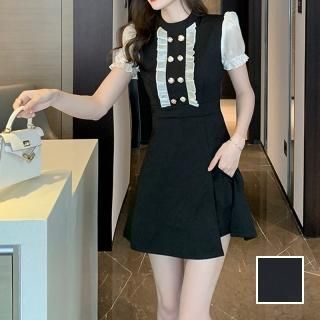 韓国 ファッション パンツ セットアップ パーティードレス 結婚式 お呼ばれドレス 春 夏 パーティー ブライダル PTXN458  フリル フロントボタン Aライン ミニワ 二次会 セレブ きれいめ