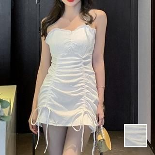 韓国 ファッション ワンピース パーティードレス ショート ミニ丈 春 夏 パーティー ブライダル PTXN467 結婚式 お呼ばれ シワ加工 フリル 肌見せ タイト マイク 二次会 セレブ きれいめ