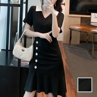 韓国 ファッション ワンピース パーティードレス ショート ミニ丈 春 夏 パーティー ブライダル PTXN490 結婚式 お呼ばれ カシュクール風 襟付き アシンメトリー  二次会 セレブ きれいめ