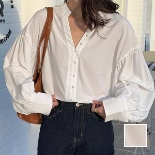 韓国 ファッション トップス ブラウス シャツ 春 夏 カジュアル PTXN528  バンドカラー オーバーサイズ ギャザー ラフ オルチャン シンプル 定番 セレカジ
