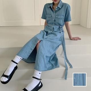 韓国 ファッション ワンピース 春 夏 カジュアル PTXN673  ゆるタイト ベルトマーク ダンガリー風 マキシ オルチャン シンプル 定番 セレカジ