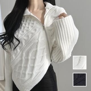 韓国 ファッション トップス ニット セーター 秋 冬 カジュアル PTXN856  アシンメトリー ジップ ハイネック ケーブル オルチャン シンプル 定番 セレカジ