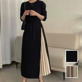 韓国 ファッション ワンピース 春 秋 冬 カジュアル PTXN874  アシンメトリー プリーツ フェイクレイヤード オルチャン シンプル 定番 セレカジ