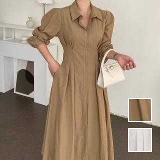 韓国 ファッション ワンピース 春 秋 冬 カジュアル PTXN882  タック ウエストシェイプ マキシ シャツワンピ オルチャン シンプル 定番 セレカジ