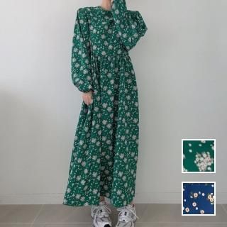 韓国 ファッション ワンピース 春 秋 冬 カジュアル PTXN883  ギャザー ゆったり バックスリット マキシ丈 オルチャン シンプル 定番 セレカジ