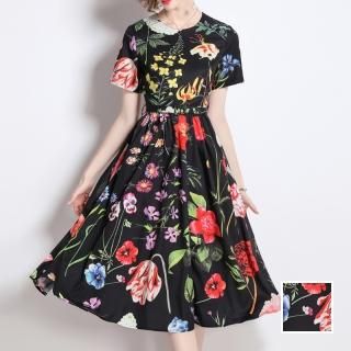韓国 ファッション ワンピース パーティードレス ひざ丈 ミディアム 春 秋 冬 パーティー ブライダル PTXP109 結婚式 お呼ばれ カラフル 花柄 Aライン フレア  二次会 セレブ きれいめ