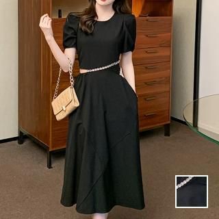 韓国 ファッション ワンピース パーティードレス ひざ丈 ミディアム 春 秋 冬 パーティー ブライダル PTXP123 結婚式 お呼ばれ アシンメトリー ビジュー カットオ 二次会 セレブ きれいめ