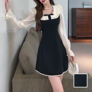 韓国 ファッション ワンピース パーティードレス ショート ミニ丈 春 秋 冬 パーティー ブライダル PTXP132 結婚式 お呼ばれ ビッグカラー ドッキングワンピ レー 二次会 セレブ きれいめ