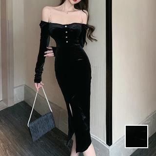 韓国 ファッション ワンピース パーティードレス ひざ丈 ミディアム 春 秋 冬 パーティー ブライダル PTXP408 結婚式 お呼ばれ オフショル 2WAY チェーン 起 二次会 セレブ きれいめ