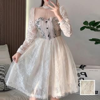 韓国 ファッション ワンピース パーティードレス ひざ丈 ミディアム 春 夏 秋 パーティー ブライダル PTXP416 結婚式 お呼ばれ シアー レース ティペット 2WA 二次会 セレブ きれいめ