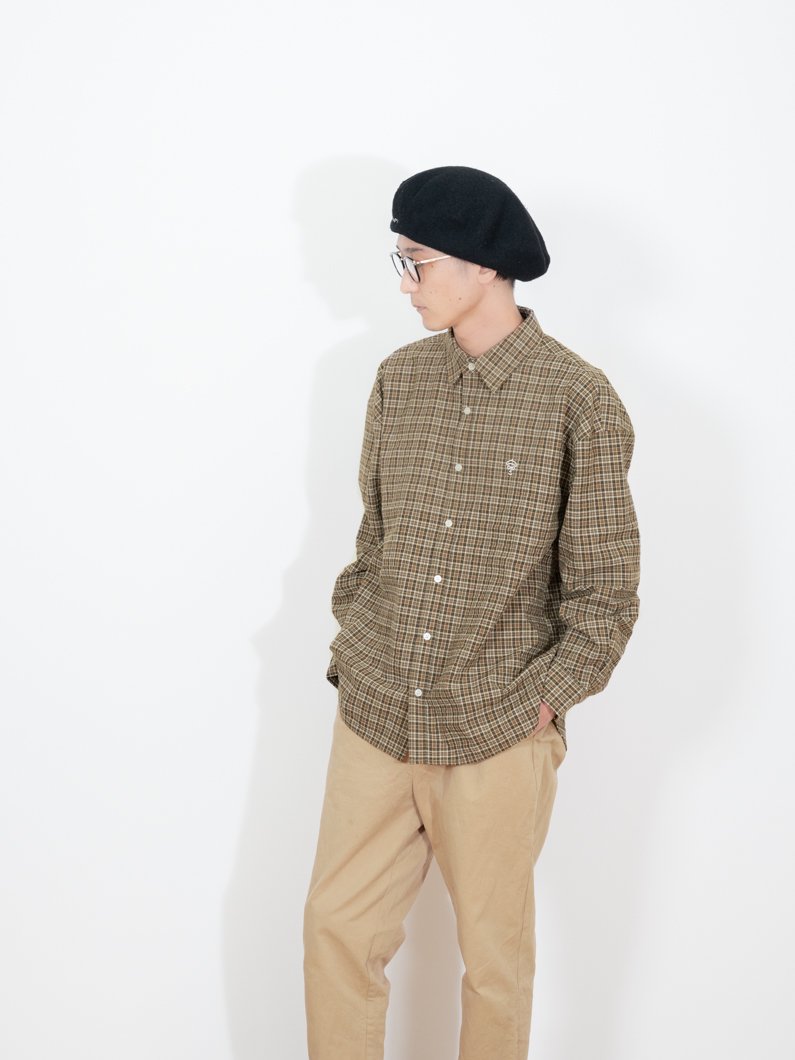 シアサッカーチェックシャツ | ブラウン - KEY MEMORY Online Shop