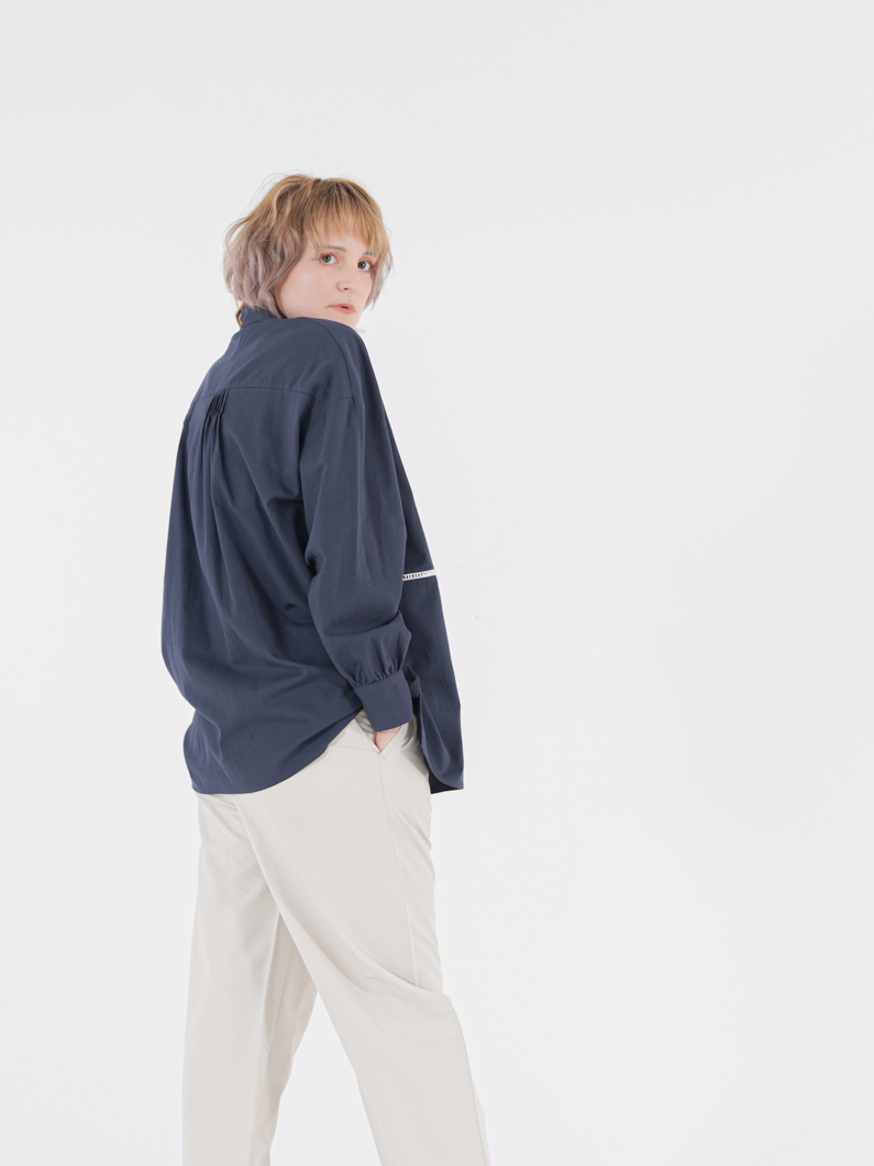 バンドカラーシャツワンピース NAVY M(FREE) セール】 プレミアムオックス バンドカラーシャツワンピース
