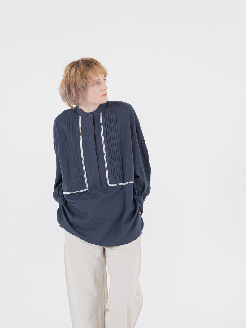 バンドカラーシャツワンピース NAVY M(FREE) セール】 プレミアムオックス バンドカラーシャツワンピース