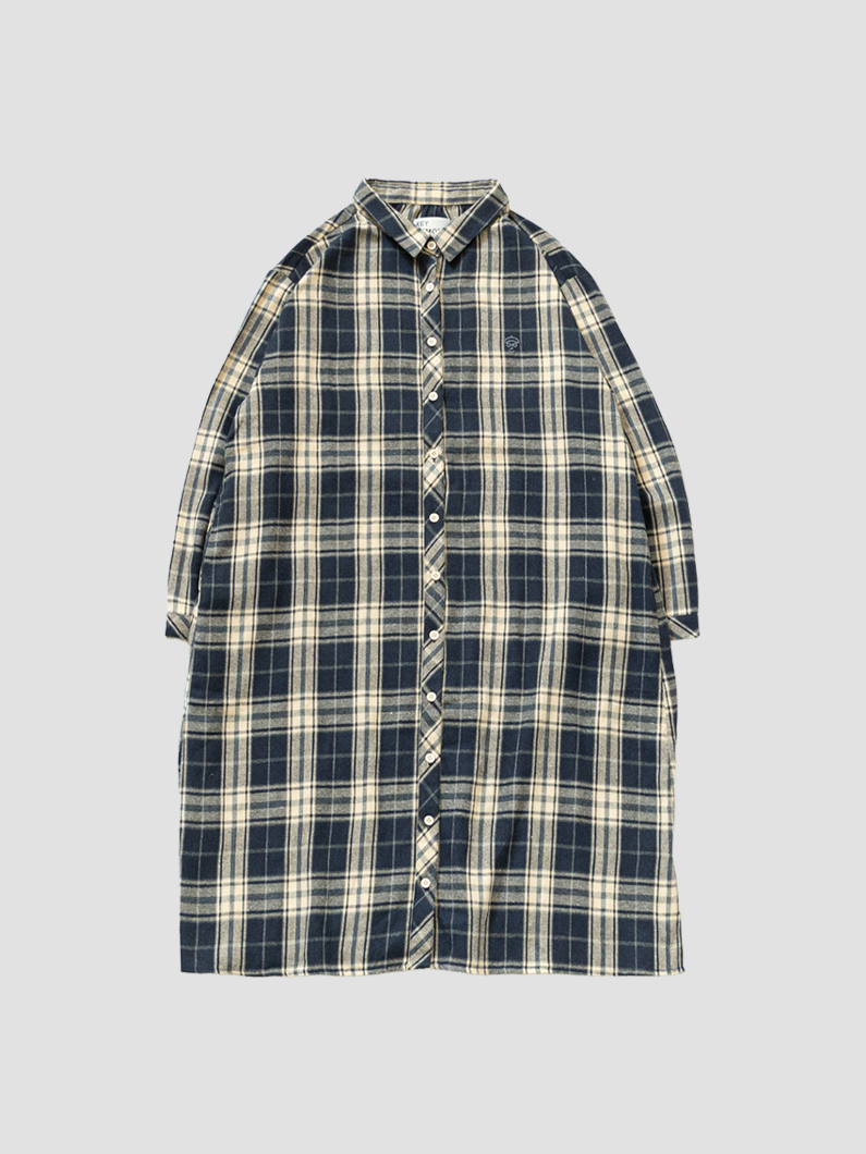 交渉成立　かぐれ フランネル シャツワンピース ネイビー✕ホワイト チェック フランネルシャツワンピース ネイビーチェック | KEYMEMORY