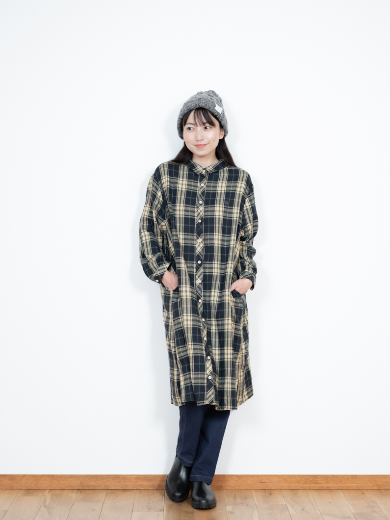 交渉成立　かぐれ フランネル シャツワンピース ネイビー✕ホワイト チェック フランネルシャツワンピース ネイビーチェック | KEYMEMORY