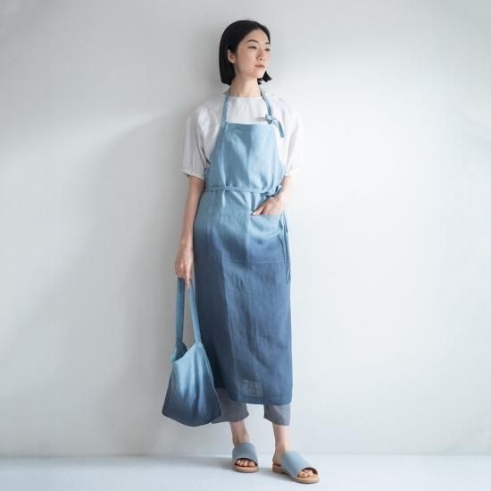 「青とチェック」麻ポジャギ miiThaaiiリネン グラデーション バッグ（サックス × ブルー