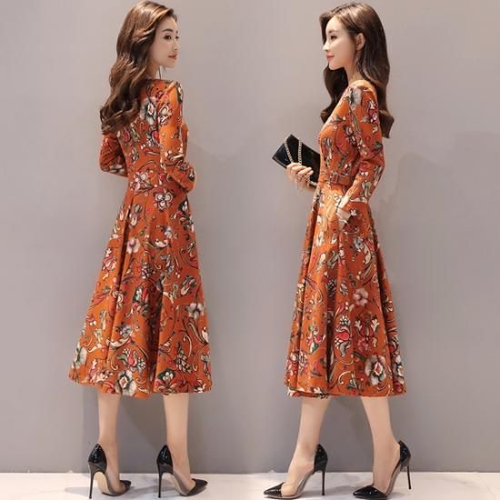 ワンピース レトロな花柄が秋にピッタリ カシュクール風ワンピース 韓国セレクトショップ通販レディースmarron マロン