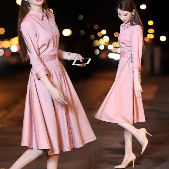 ワンピース 綺麗な桃色 フレアなスカートがキュート 七分袖ワンピース 韓国セレクトショップ通販レディースmarron マロン
