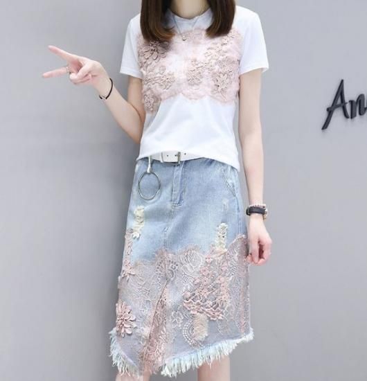 セットアップ ピンクのレースがカワイイ Tシャツとデニムスカートセットアップ 韓国セレクトショップ通販レディースmarron マロン セットアップ ピンクのレースがカワイイ Tシャツとデニムスカートセットアップ 韓国セレクトショップ通販レディースmarron マロン