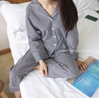 韓国パジャマ❤ルームウエア　ギンガムチェック長袖長ズボンの可愛い韓国パジャマ