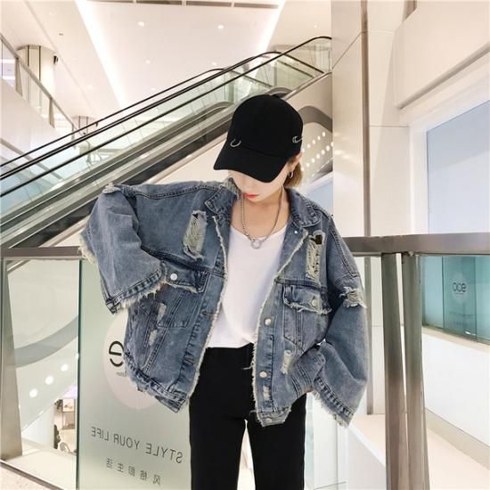 Gジャン アウター 原宿系ボーイッシュなダメージ加工でカッコいいデニムｇジャン 韓国セレクトショップ通販レディースmarron マロン