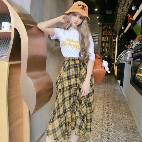 セットアップ 半袖tシャツと とっても可愛いイエローティアードスカートのセット 韓国セレクトショップ通販レディースmarron マロン