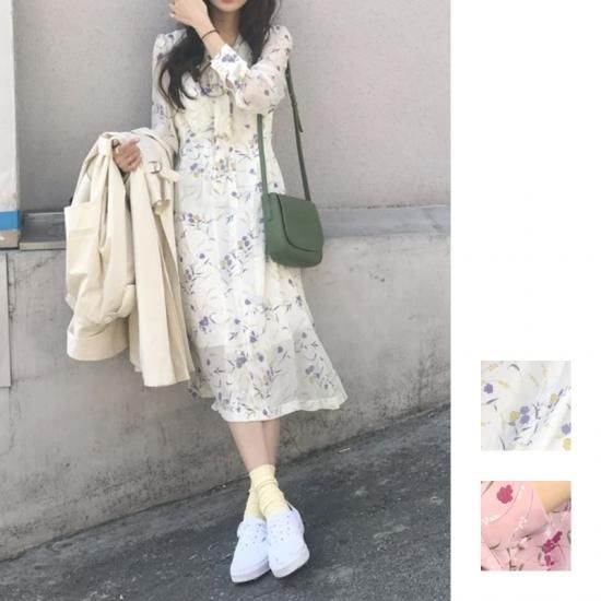 ワンピース ボウタイリボンとシースルーでちょっとゆるふわガーリーな感じの花柄ワンピ 韓国セレクトショップ通販レディースmarron マロン ワンピース ボウタイリボンとシースルーでちょっとゆるふわガーリーな感じの花柄ワンピ 韓国セレクトショップ通販レディースmarron マロン