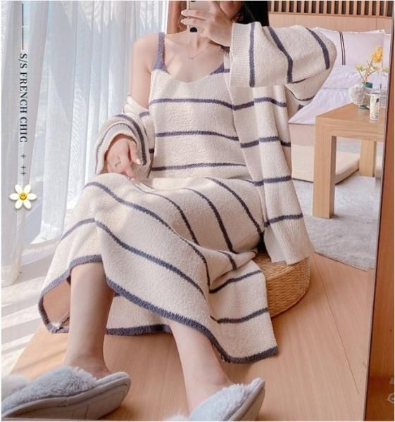 ルームウェア ワンピース 可愛いボーダーのキャミワンピとガウンのセットアップ 韓国 ワンピース ドレス 通販レディースmarron マロン