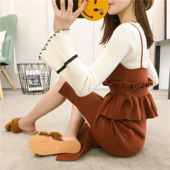 ワンピース フレア袖とキャミソールみたいなトップスとニットスカートのセットアップ 韓国 ワンピース ドレス 通販レディースmarron マロン