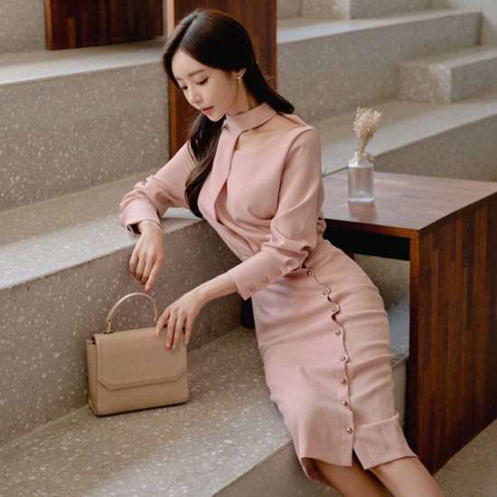 ワンピース 上品清楚なホルターネックのタイトワンピースドレス|韓国 