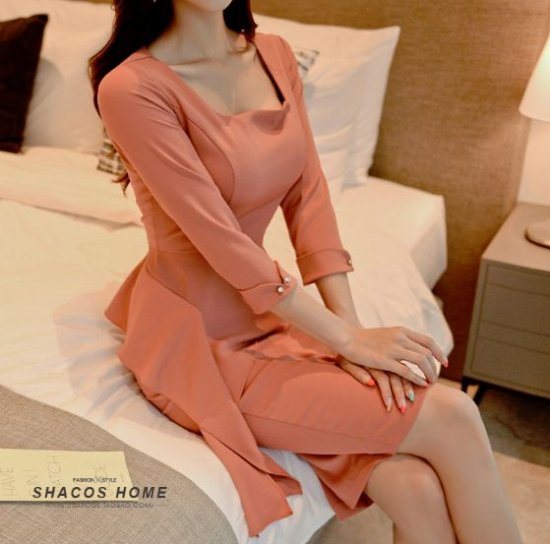 ワンピース 韓国ドレス アシンメトリーなフリルが可愛い清楚上品タイト 