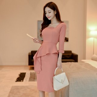 韓国ワンピース❤韓国ドレス　アシンメトリーなフリルが可愛い清楚上品タイトワンピ