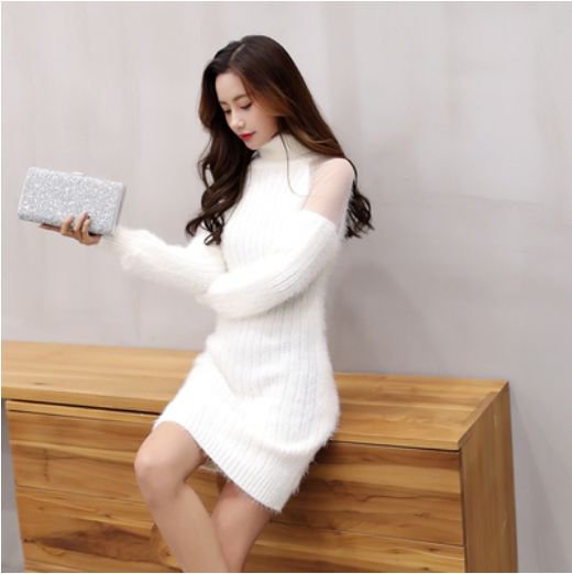 韓国ワンピース タートルネックで肩シースルーとっても可愛いニットワンピ|韓国 ワンピース ドレス 通販レディースMarron(マロン)