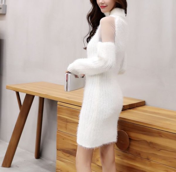 韓国ワンピース タートルネックで肩シースルーとっても可愛いニットワンピ|韓国 ワンピース ドレス 通販レディースMarron(マロン)
