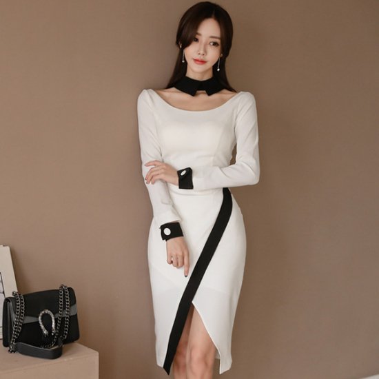 ワンピース 韓国ドレス バイカラー 襟や袖先がとっても個性的なタイトドレス 韓国 ワンピース ドレス 通販レディースmarron マロン