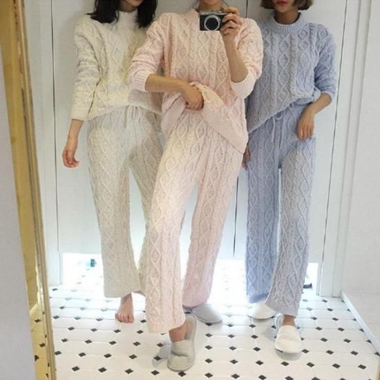 ルームウェア パジャマパーティー 双子コーデにケーブルニットパジャマ 韓国 ワンピース ドレス 通販レディースmarron マロン