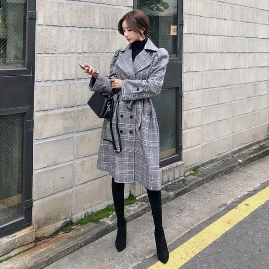 トレンチコート 韓国アウター グレンチェックの大人可愛いロングで 