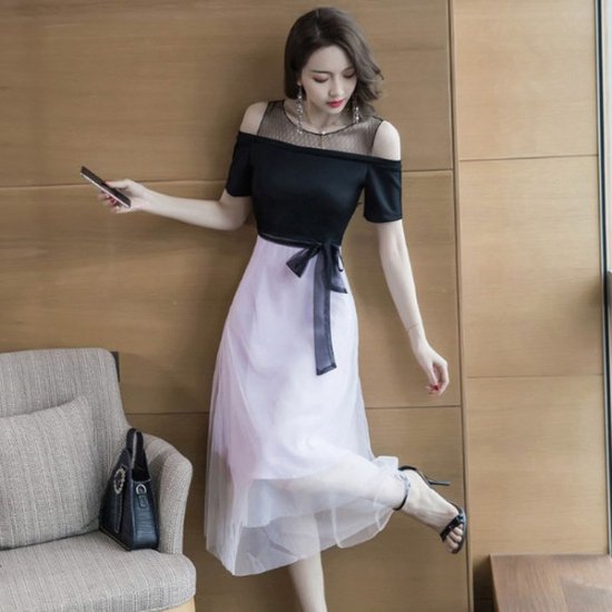 ワンピース 韓国ドレス ウエストリボンとオフショルダーにチュールスカート可愛いパーティードレス 韓国 ワンピース ドレス 通販レディースmarron マロン