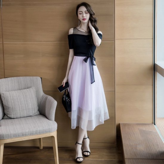 ワンピース 韓国ドレス　ウエストリボンとオフショルダーにチュールスカート可愛いパーティードレス|韓国 ワンピース ドレス  通販レディースMarron(マロン)