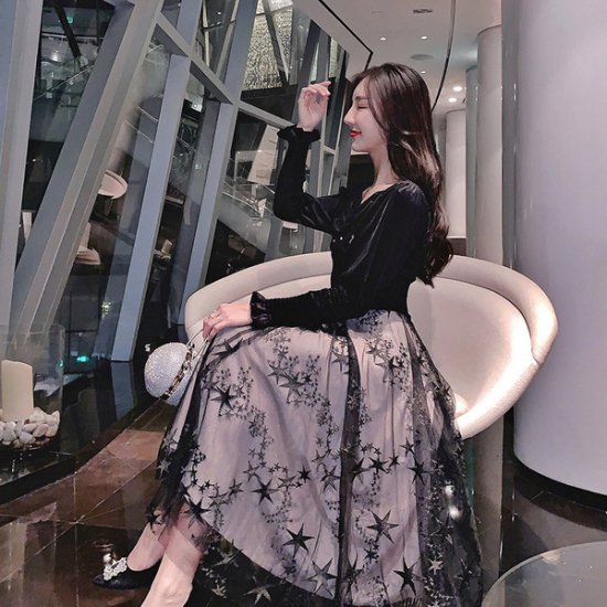 ワンピース 韓国ドレス 可愛い星柄チュールスカートにお嬢様のようなガーリーなトップのフレアワンピ 韓国 ワンピース ドレス 通販レディースmarron マロン