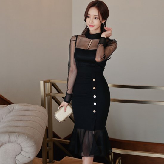 ワンピース 韓国ドレス 巻きスカートぽいマーメードスカートが大人可愛いブラックドレス 韓国 ワンピース ドレス 通販レディースmarron マロン