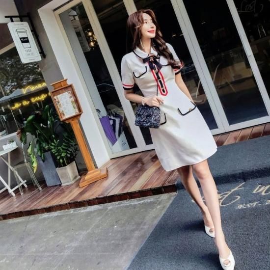 韓国ワンピース トリコロール風とリボンが大人可愛い半袖カジュアルワンピ 韓国 ワンピース ドレス 通販レディースmarron マロン